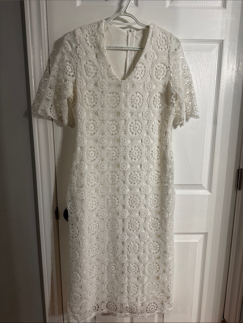 Ivory Crochet Midi Dress with V-Neck